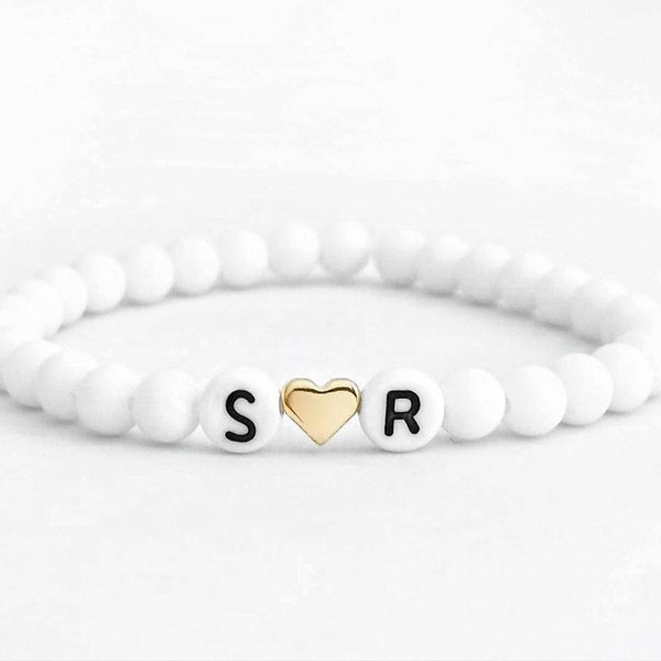 Bracelet partenaire avec lettre et coeur gold rose silver / bracelet lettre avec coeur / bracelet avec initiales et coeur / bracelet perle coeur