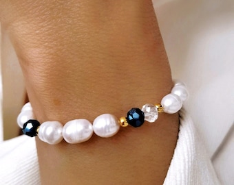 Freshwater pearl bracelet with glass beads / shell bracelet mother of pearl gold blue / freshwater pearl bracelet / beach summer bracelet pearl gold