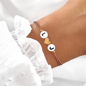 Pulsera macramé con letra y corazón / pulsera pareja con inicial y corazón taupe / pulsera letra / pulsera corazón inicial oro rosa