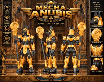 Peut inclure: Une figurine articulée Mecha Anubis en armure noire et dorée, présentée de face, de profil et de dos. La figurine tient un sceptre doré avec un symbole ankh. L'arrière-plan présente des graphismes égyptiens avec le texte Mecha Anubis.