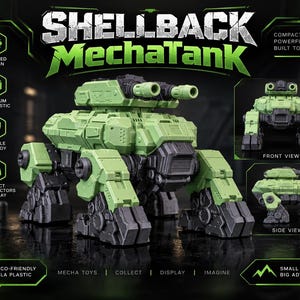 Può includere: Un giocattolo a forma di carro armato meccanico verde chiaro e grigio scuro con l'etichetta Shellback MechaTank. Il giocattolo presenta una torretta centrale con due canne, gambe articolate e un design corazzato. Immagini mostrano viste frontali e laterali.