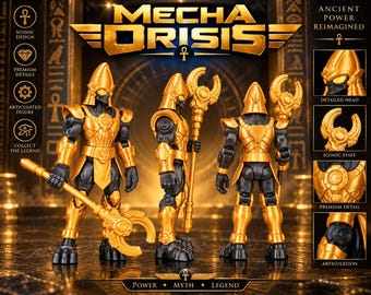 Peut inclure: Une figurine articulée Mecha Orisis présentée sous trois angles, avec une armure dorée sur un corps noir, un casque pointu et un bâton à sommet en croissant. Le texte indique Mecha Orisis, Ancient Power Reimagined, Iconic Design, Premium Details, Articulated Figure, Collect the Legend, Power, Myth, Legend.