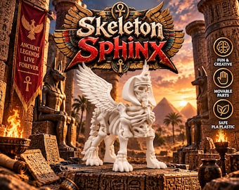 Peut inclure: Une figurine de sphinx squelette blanc articulé avec des ailes et une coiffe pharaonique. L'image présente le texte Skeleton Sphinx, Ancient Legends Live Forever, Fun & Creative, Movable Parts et Safe PLA Plastic sur un fond égyptien.