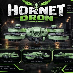 以下が含まれることがあります： 4つのプロペラと中央のカメラユニットを備えた緑と黒のHornet Dronおもちゃ。パッケージには、Hornet Dron、Small. Fast. Strong. Built to explore、Mecha Toys、Collect、Display、Imagine、Adventure in a small formというテキストが記載されています。