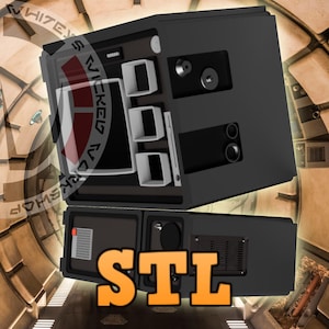 May include: Two black, geometric objects with white rectangular cutouts and silver accents. The word "STL" in orange block letters is at the bottom. The objects are set against a background with a circular, mechanical design.