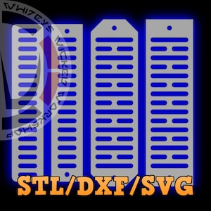 May include: Three gray metal panels with a repeating pattern of rectangular holes. The panels are arranged vertically and have a blue background. The text "STL/DXF/SVG" is printed in orange at the bottom of the image.