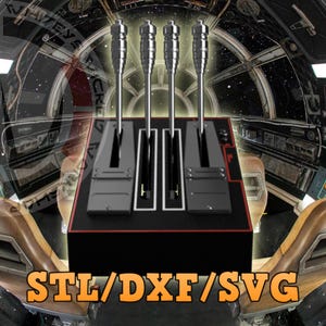 Puede incluir: Un panel de control negro con cuatro palancas plateadas y un borde rojo. El panel está etiquetado como "STL/DXF/SVG".