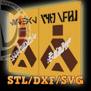 May include: Two yellow panels with brown geometric shapes and black and white text. The panels have a design with angular shapes and stylized text. The bottom of the image has the text "STL/DXF/SVG" in orange.