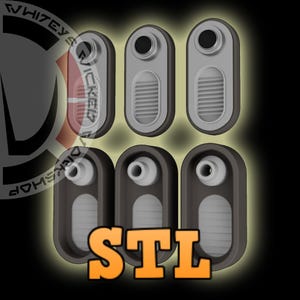 Può includere: Un rendering digitale di sei oggetti rettangolari grigi e neri con una parte superiore arrotondata e un design a forma di fessura. La parola "STL" è in lettere arancioni in basso. L'immagine ha uno sfondo nero con un effetto luminoso.
