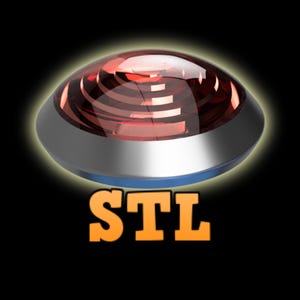 Puede incluir: Una luz en forma de cúpula roja y plateada con la palabra "STL" en letras naranjas debajo.