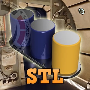 May include: Three 3D printed cylinders, one grey, one blue, and one yellow, are mounted on a black base. The base has the word "STL" printed on it in orange.