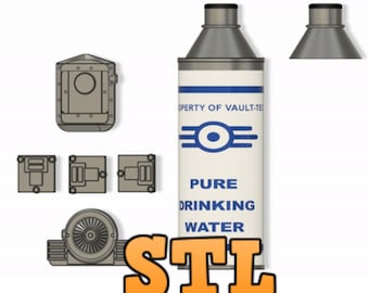 May include: A 3D printed model of a Vault-Tec water bottle. The bottle is white with blue text and a Vault-Tec logo. The bottle is labeled "Pure Drinking Water". The model includes a cap and a separate lid. The model is printed in gray plastic.
