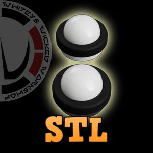 Peut inclure: Deux butées de porte blanches et noires de forme arrondie. Les butées de porte ont une sphère blanche sur un socle noir. Le mot "STL" est en lettres orange en bas de l'image.