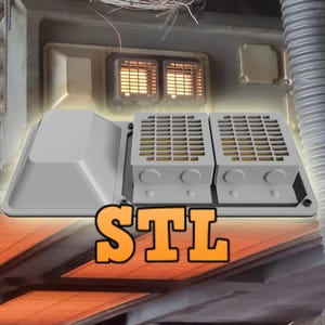 May include: A 3D printed model of a ventilation system with two fans and a cover. The model is grey and has a textured surface. The text "STL" is printed in orange on the model.