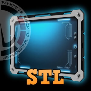 Op de afbeelding: Een digitaal display met een futuristisch ontwerp, met een helderblauw scherm. Het frame is zwart en zilver, met blauwe neonaccenten. Het woord "STL" wordt in oranje blokletters onderaan weergegeven.