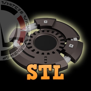 May include: A 3D-rendered, dark grey mechanical component with a central gear design and three outer segments. The word "STL" is displayed in orange block letters below the component. The background is black with a glowing effect.