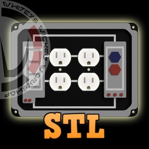 Puede incluir: Una cubierta de tomacorriente eléctrica negra y gris con cuatro tomas blancas y un interruptor gris con botones rojos y azules. La cubierta tiene un marco plateado y el texto "STL" en letras naranjas debajo.