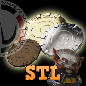 Könnte beinhalten: Drei metallische, kreisförmige Token in Gold, Silber und Bronze. Jeder Token hat ein einzigartiges Design mit erhabenem Außenrand und geätzten Details. Das Bild enthält das Wort "STL" in Orange und eine Cartoonfigur.