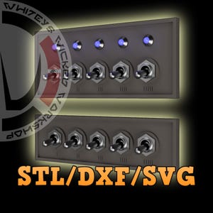 May include: Two dark gray control panels with toggle switches and blue indicator lights. The text "STL/DXF/SVG" is displayed in orange. The top panel has one switch in the up position. The bottom panel has all switches in the down position.
