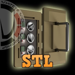 Puede incluir: Una caja fuerte de color beige con un asa y diales plateados. La puerta de la caja fuerte está abierta, revelando tres diales plateados y dos paneles cuadrados verdes. La palabra "STL" se muestra en letras de bloque naranja en la parte inferior.