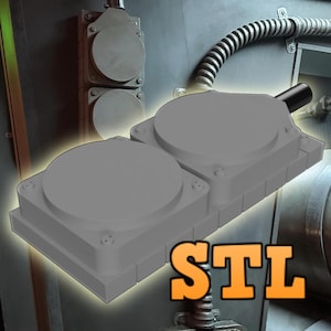 Puede incluir: Dos plataformas circulares grises impresas en 3D con una base cuadrada. Las plataformas están apiladas una encima de la otra. La imagen está etiquetada como "STL".