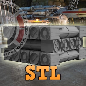 May include: A stack of gray, rectangular objects with circular and X-shaped details. The word "STL" is displayed in orange block letters at the bottom. The background features a spaceship and a logo.