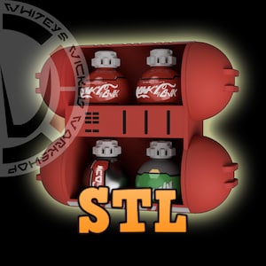 May include: A red container with four bottles inside. The bottles are red with white and black text. The container has a rounded shape with a door on the front. The word "STL" is in orange letters at the bottom.