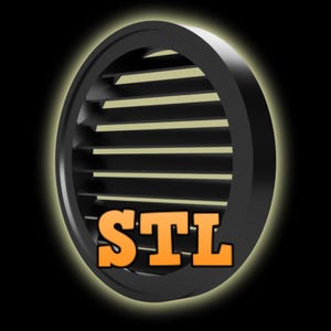 May include: A black round vent cover with a series of horizontal slats. The vent cover has the word "STL" in orange letters.