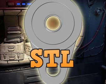 May include: A silver metal hook with a large circular ring and the word "STL" printed in orange letters.