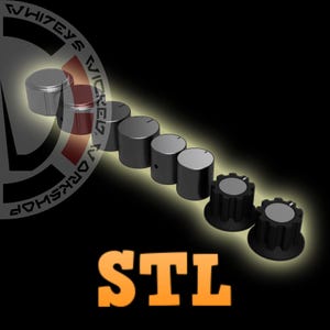 May include: A selection of black and grey control knobs, some with a circular top and others with a toothed edge. The word "STL" is displayed in orange block letters. The background is black with a glowing effect.
