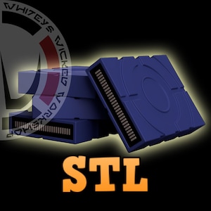 Könnte beinhalten: Stapel aus vier blauen, rechteckigen Objekten mit parallelen Linien auf einer Seite und einem kreisförmigen Design auf der Oberseite. Der orangefarbene Schriftzug "STL" ist zu sehen. 3D-Modelle.