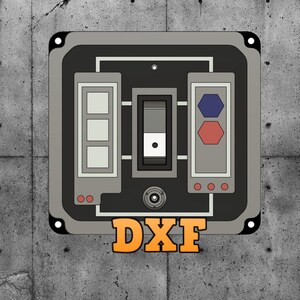 Puede incluir: Un panel de control gris con un interruptor de palanca, tres botones y dos luces redondas. El panel tiene el texto "DXF" en letras naranjas debajo.