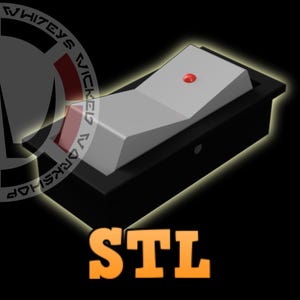 Puede incluir: Un interruptor basculante gris y negro con una luz indicadora roja. La palabra "STL" se muestra en letras de bloque naranja debajo del interruptor. El fondo es negro con un efecto brillante.