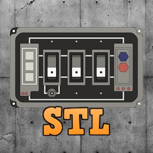 Op de afbeelding: Een grijs metalen elektrisch paneel met vier zwarte schakelaars, een grijze schakelaar met een blauwe en rode knop, en de tekst "STL" in oranje letters eronder.