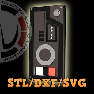 Peut inclure: Un appareil électronique rectangulaire marron et noir avec un cadran circulaire, un bouton hexagonal et un panneau inférieur composé de segments rectangulaires blanc, noir et rouge. Le texte STL/DXF/SVG apparaît en orange en bas de l'image.