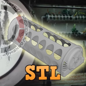 Può includere: Un oggetto cilindrico grigio con ritagli ovali e un'estremità dettagliata. La parola "STL" è visualizzata in lettere arancioni. Lo sfondo presenta un ambiente industriale sfocato e il testo "WHITEYS WICKED WORKSHOP".