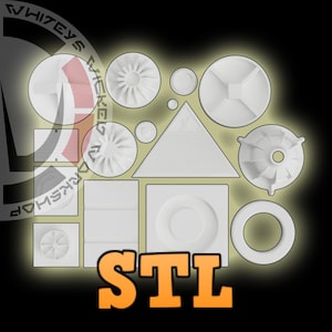 May include: A collection of white 3D-printed geometric shapes, including circles, squares, and triangles, arranged against a black background. The word "STL" is displayed in orange block letters at the bottom. The image has a glowing effect.