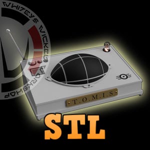 May include: A white rectangular box with a black, grid-patterned dome on top. A small light bulb and antenna are also on the box. The text "T.O.M.I.S." is on a gold plaque. The orange text "STL" is at the bottom.