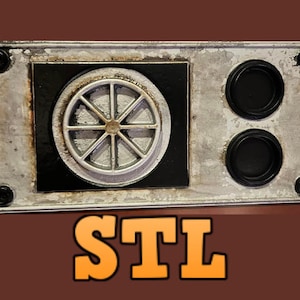 Puede incluir: Un panel de metal plateado con un diseño circular y dos botones negros redondos. El panel tiene un aspecto desgastado y envejecido y el texto "STL" está impreso debajo.