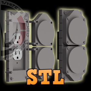 May include: Three 3D printed wall plates, one with two electrical outlets and two with blank covers. The plates are gray and have a textured surface. The text "STL" is printed in orange below the plates.