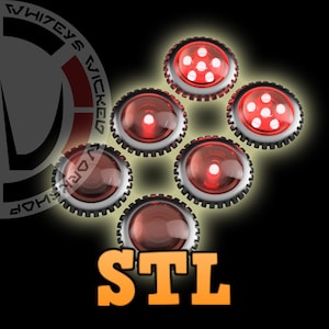 Puede incluir: Ilustración digital con seis objetos circulares rojos, con un borde plateado en forma de engranaje, que emiten un brillo rojo brillante. La palabra "STL" está en letras naranjas en la parte inferior. También incluye el texto "WHITEYS WICKED WORKSHOP".