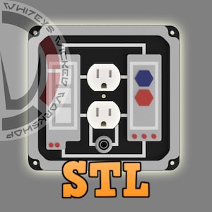 Puede incluir: Una toma de corriente blanca con dos enchufes y un interruptor negro con botones rojos y azules. La toma de corriente está en una caja de metal plateada con la palabra "STL" impresa en naranja debajo.