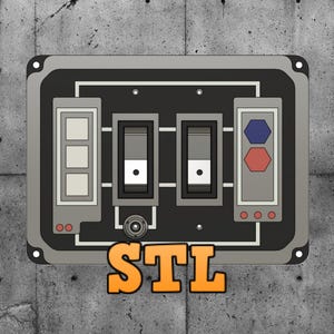May include: A gray metal panel with three toggle switches, a round knob, and two rows of red lights. The panel has the word "STL" printed in orange below it.