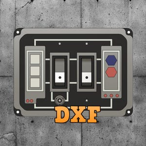 Puede incluir: Un panel de control de metal gris con tres interruptores de palanca, dos botones redondos y el texto "DXF".