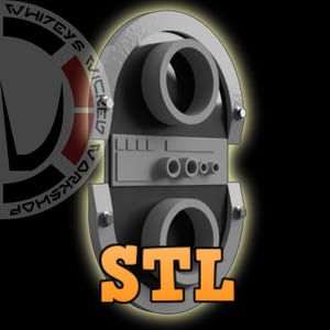 Op de afbeelding: Een grijs en zilver mechanisch ontwerp met twee cirkelvormige openingen en een rechthoekig gedeelte met kleine cilinders en lijnen. Het woord "STL" staat in oranje blokletters onderaan. Het logo van "Whiteys Wicked Workshop" staat linksboven.