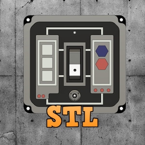 Puede incluir: Un panel de metal gris con un interruptor de palanca, tres botones y tres luces. El panel tiene la palabra "STL" impresa en naranja debajo.