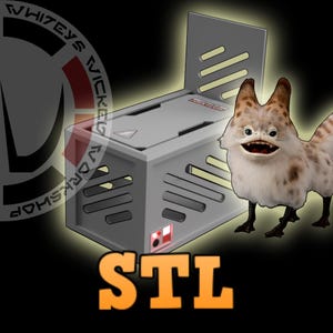 May include: A digital illustration featuring a stylized, light gray metal box with a hinged top and a cartoonish, furry creature with a toothy grin. The word "STL" is in orange block letters.