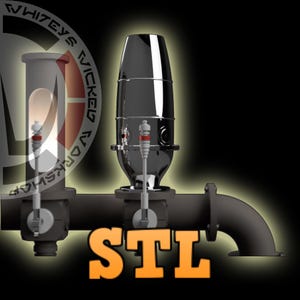 May include: A 3D rendering of a steampunk-style device with a shiny, metallic finish. The design includes a bulbous, cylindrical component and a connecting pipe. The word "STL" is displayed in orange block letters at the bottom. The background is black.