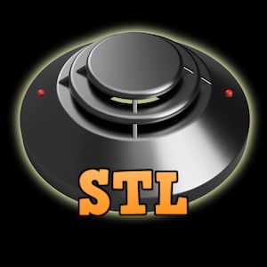 Puede incluir: Un detector de humo negro con una base redonda y plana y una parte superior en forma de cúpula. El detector tiene una pequeña luz roja redonda a cada lado. El texto "STL" está impreso en naranja debajo del detector.