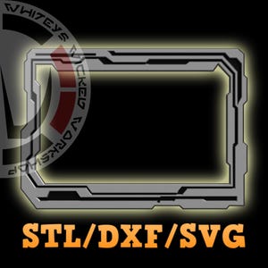 Può includere: Una cornice rettangolare grigia con un contorno giallo brillante, con un design futuristico. Il testo "STL/DXF/SVG" è visualizzato in arancione in basso. Il logo "Whiteys Wicked Workshop" si trova nell'angolo in alto a sinistra.